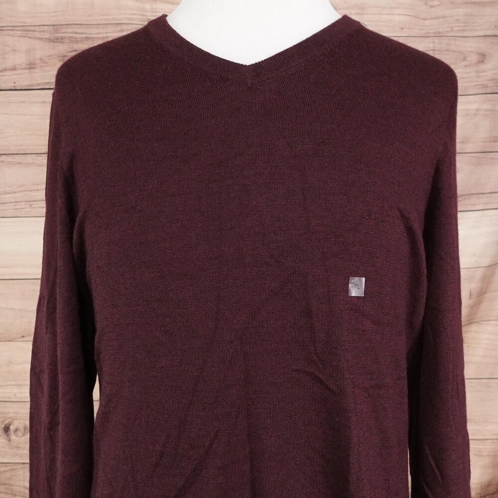 New! Express Sweater Mens XL Burgundy Merino‎ Wool Blend V Neck Pullover Knit